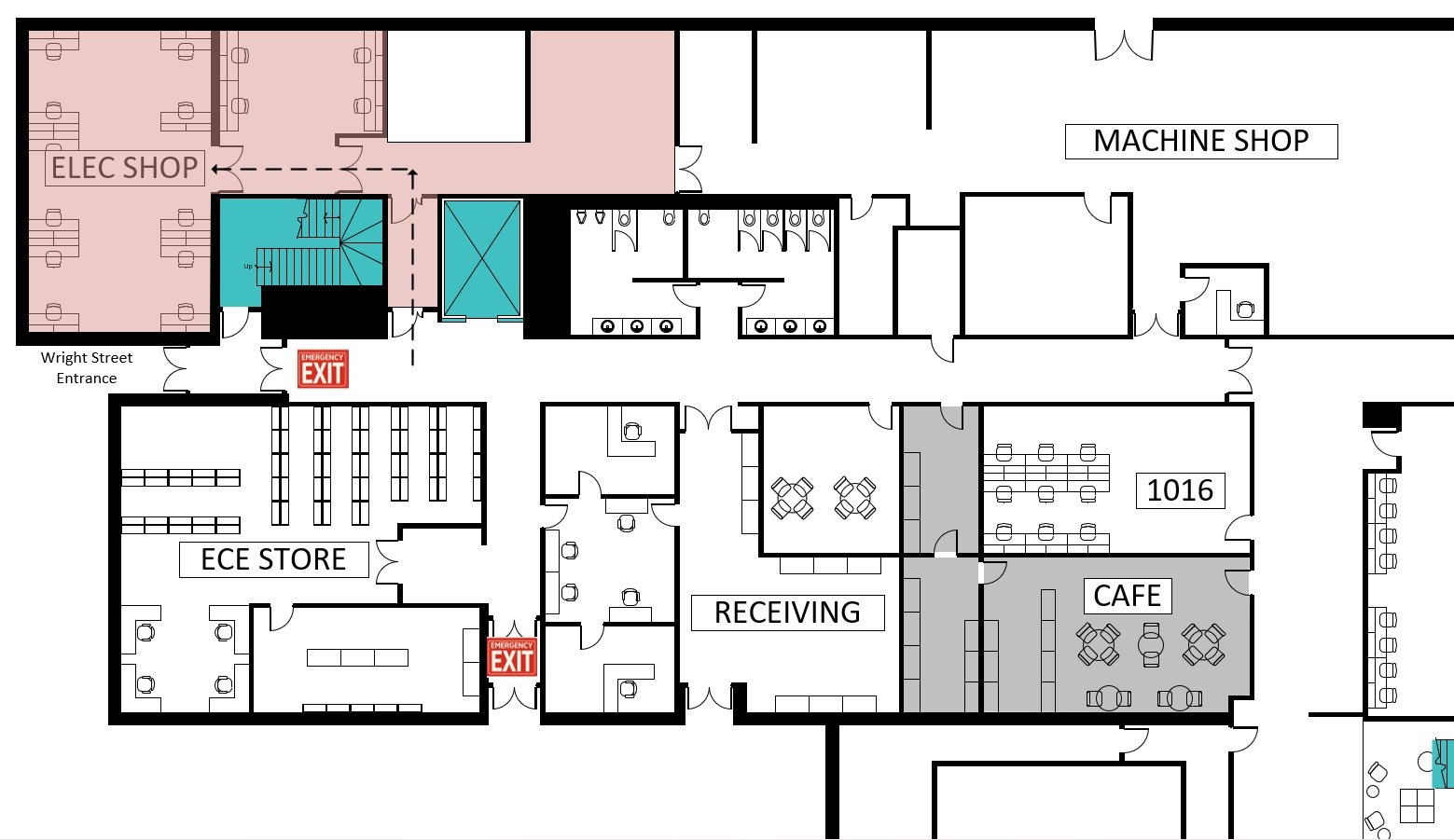Floor plan of ECEB First Floor highlighting location of Electronics Serviceis Shop in northwest corner