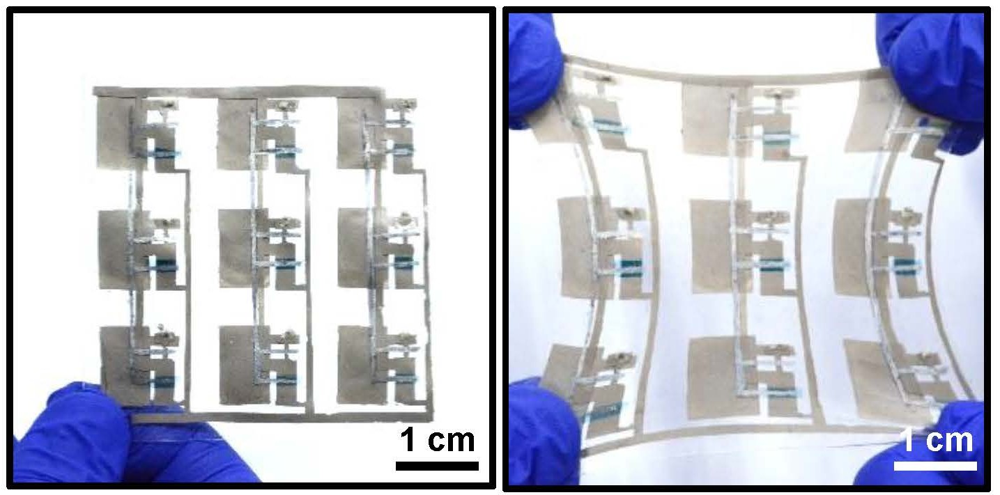 Side-by-side images depicting sample stretchable tactile sensing skin