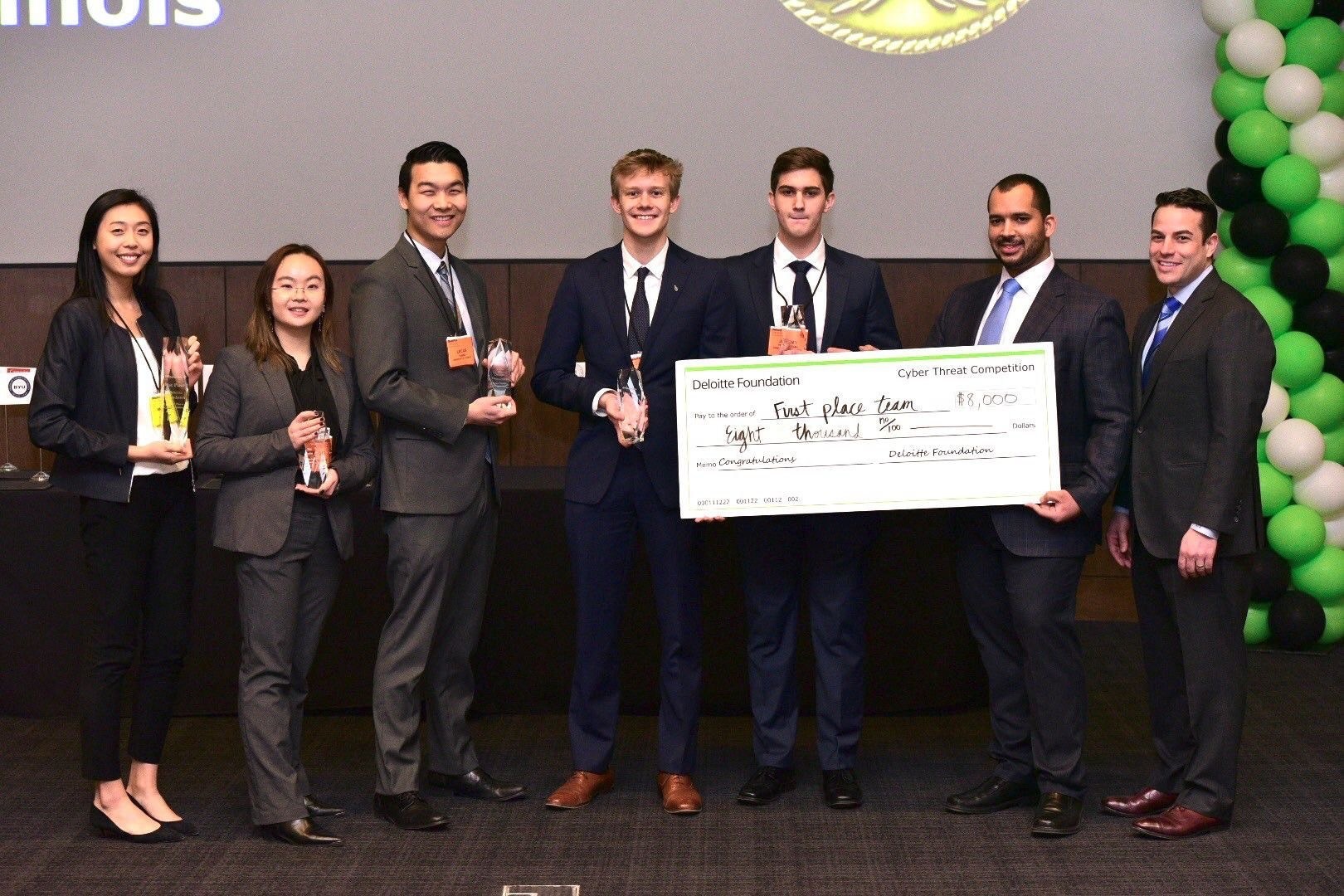 From left to right: Michelle Liu (Deloitte Cyber), Grace Nie (U of I Student), Lucas Wang (U of I Student), Nick Rappe (U of I Student), Jeremy Pietrowski (U of I Student), Jordyn Cosme (Deloitte Cyber), Anthony Russo (Deloitte Cyber Principal) (Photo cred to PR NewsWire)