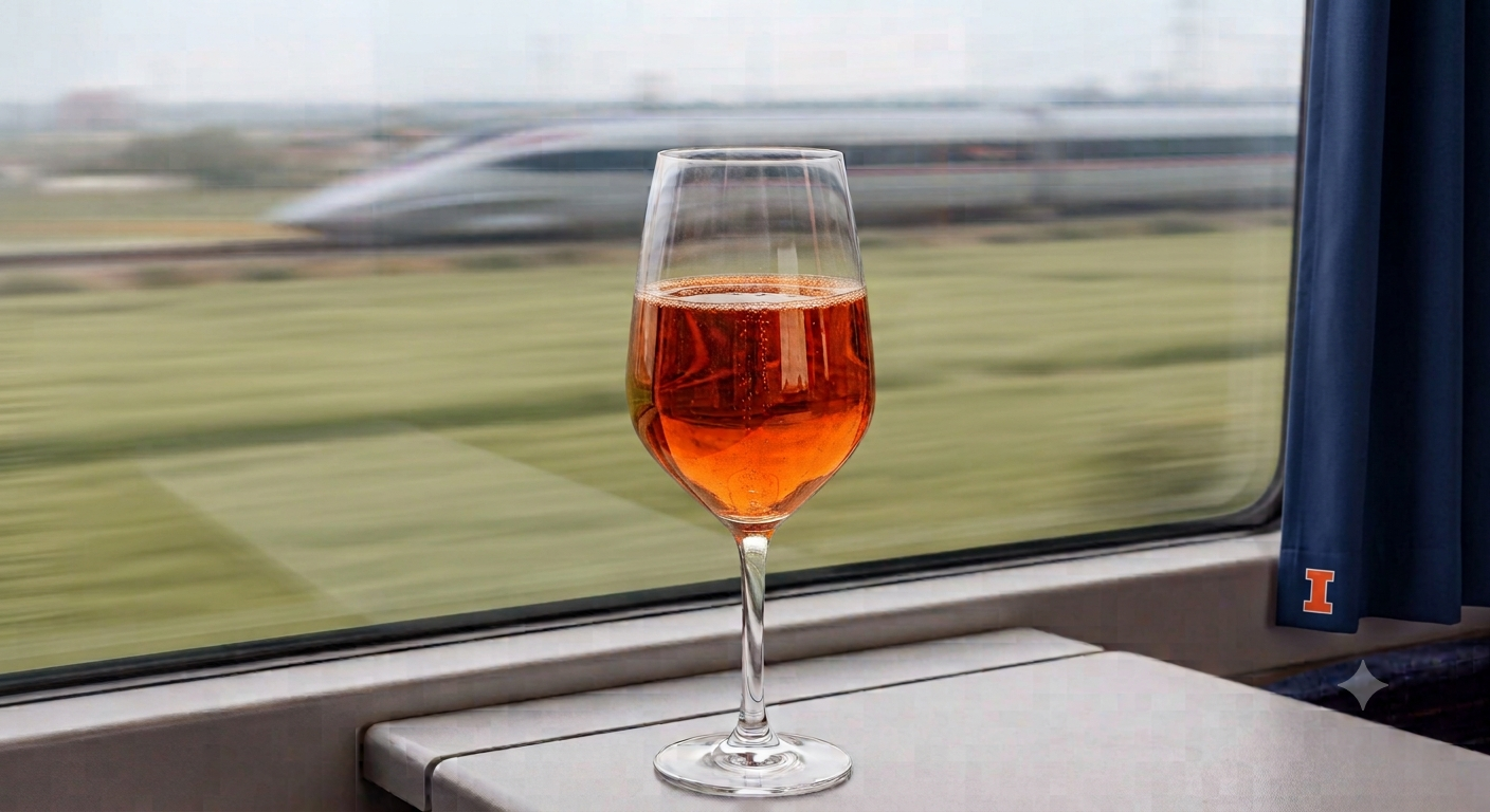glass of wine on a table aboard a moving train