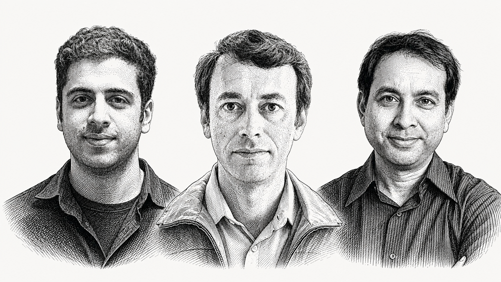 sketched portraits depicting Grainger College of Engineering researchers Ege Yuceel, Daniel Liberzon, and Sayan Mitra