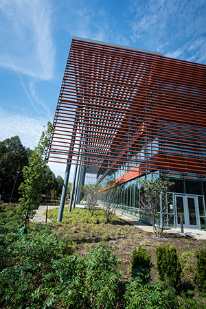 exterior of the ece building surrounded by blooming plants