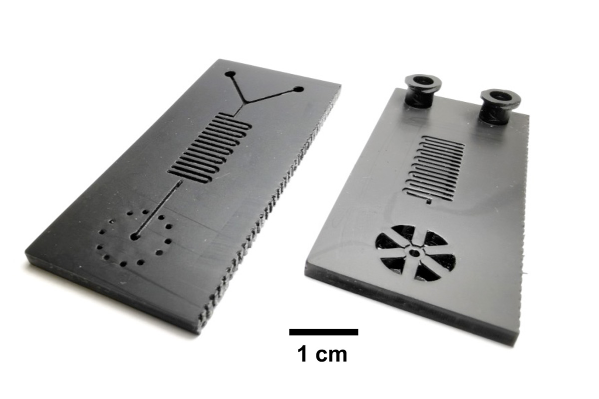 Illinois researchers developed a microfluidic cartridge for a 30-minute COVID-19 test. The cartridges are 3D-printed and can be manufactured quickly. Photo courtesy of Bill King