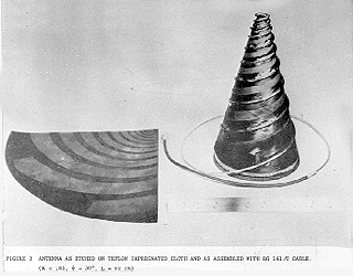 Conical log-spiral antenna showing (left) spiral pattern etched on flat sheet of teflon-impregnated fiberglass and (right) after forming into conical shape and adding feed coax to one arm and dummy cable (to improve symmetry) to the other arm.