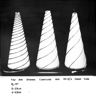 Four-arm conical log-spiral antenna constructed from coaxial cable.