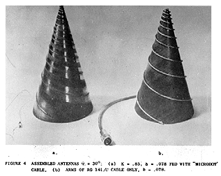 Two conical log-spiral antennas; (left) wide arm (right) cable arm.