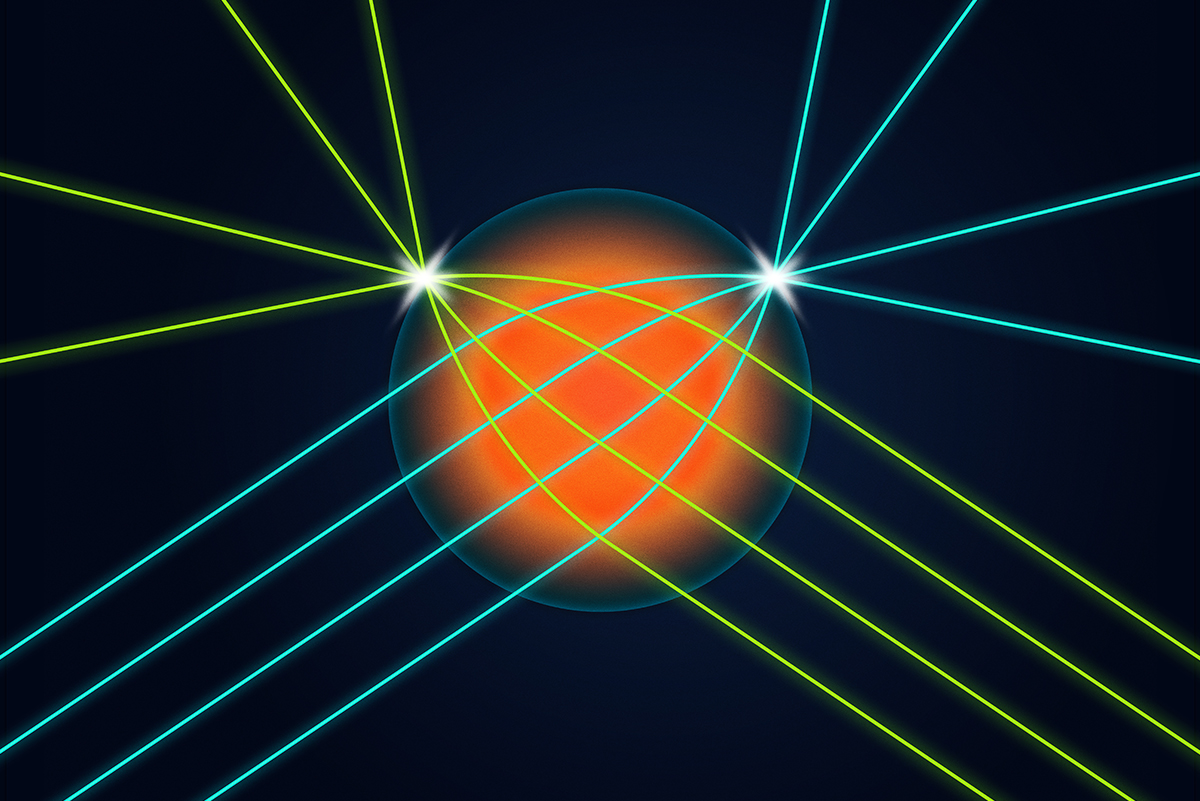 Illinois researchers developed a spherical lens that allows light coming into the lens from any direction to be focused into a very small spot on the surface of the lens exactly opposite the input direction. This is the first time such a lens has been made for visible light. Graphic by Michael Vincent