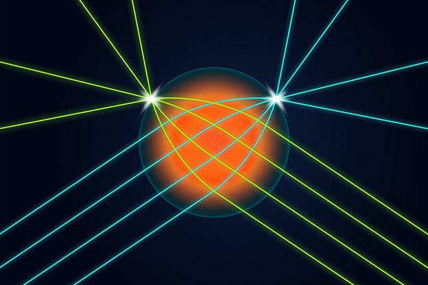 Illinois researchers developed a spherical lens that allows light coming into the lens from any direction to be focused into a very small spot on the surface of the lens exactly opposite the input direction. This is the first time such a lens has been made for visible light. Graphic by Michael Vincent