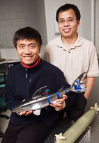 Photo by L. Brian Stauffer Chang Liu, a Willett Scholar and a professor of electrical and computer engineering at Illinois, holds one of the models (also below) that he and his postdoctoral research assoociate, Yingchen Yang, are using to test their artificial lateral line. Their research could assist autonomous underwater robots.