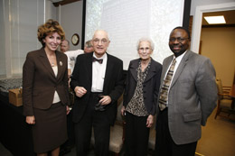 Provost Linda Katehi (left) and College of Engineering Dean Ilesanmi Adesida (right) flank ECE Professor Nick Holonyak and his wife Kay at a reception celebrating the Holonyak historical marker.