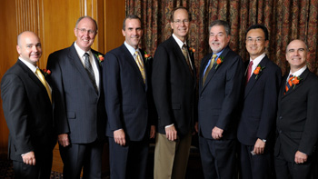 Receiving an award at the 2009 Distinguished Alumni Awards Banquet were (from left) Michael McCorquodale, Vern Schlie, Dirk Meyer, Carl Panasik, John Whitecar, Hao Ling, and Kurt Hollenbeck. 