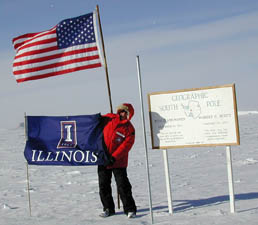 As part of his research work, Gardner visited the South Pole, where he happily unfurled an Illinois flag.