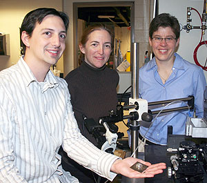 From left: Postdoctoral researcher Jacob Adams with principal investigators Jennifer Bernhard and Jennifer Lewis.