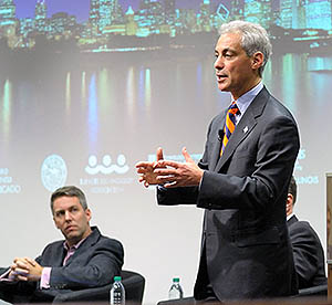 Chicago Mayor Rahm Emanuel addressed University of Illinois students at the beginning of a panel discussion featuring Emanual and several leaders of Chicago-based tech companies. Mike Evans of GrubHub is seated. <b><a title='Chicago After Hours panel' params='lightwindow_width=425,lightwindow_height=340,lightwindow_loading_animation=false' class='lightwindow page-options' href='http://www.youtube.com/v/qy8kE7pGH68'>Watch a video</a> of the tech leaders' panel.</b>