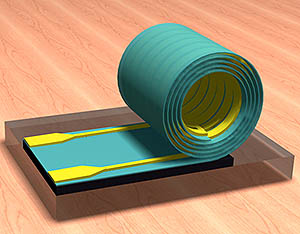 ECE Associate Professor Xiuling Li led a team of Illinois researchers who developed a new design paradigm for inductors. Processed while flat, the inductors then roll up on their own, taking up much less space on a chip. Image by Xiuling Li.