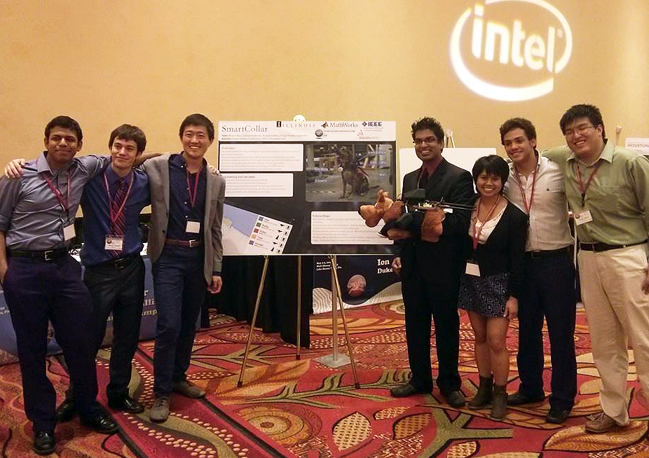 The SmartCollar team from left to right,  Anarghya Mitra, Shugo Tanaka, Logan Wan, Aadeel Akhtar, Eva Alvarez, Gabriel Hruskovec, and Brian Chien.