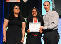 Shobha Vasudevan (center), with graduate student Sai Ma (left), received the Best Paper Award at the 2014 Design Automation Conference in June.]