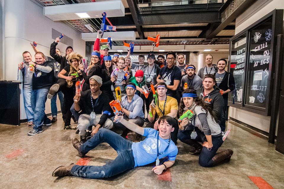 Students blow off steam at a Nerf match. 