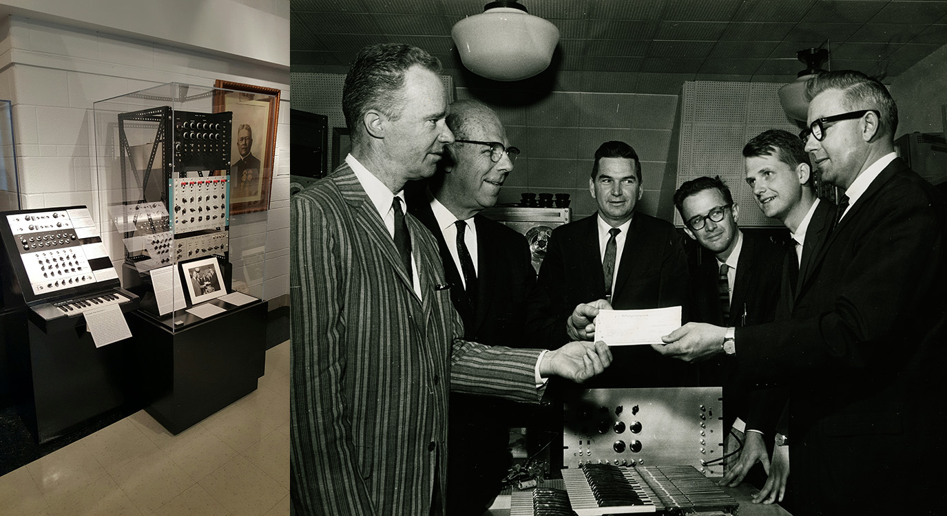 The old and new instruments housed at the Sousa Archives (left), and Beauchamp and other professors accepting a sponsorship check from a MagnaVox executive (right)