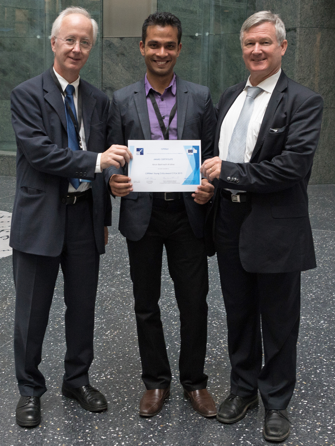 Dr. Erich Rome (General Chair, CRITIS 2015), Varun Badrinath Krishna, and Dr. Bernhard M. Hammerli (Chair, CRITIS conference series)