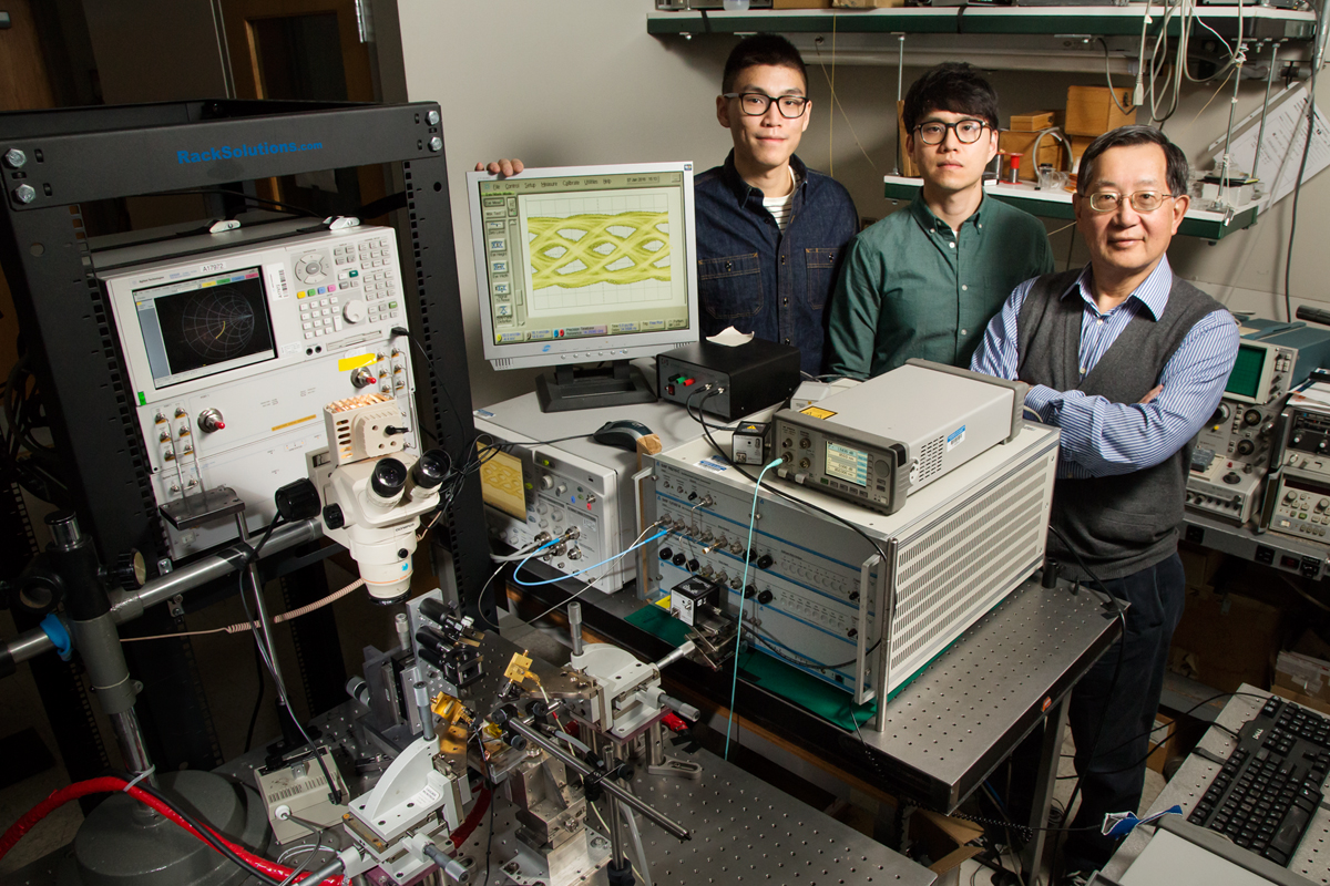 Pictured are, from left, graduate students Curtis Wang and Michael Liu with professor Milton Feng. (Photo by L. Brian Stauffer)