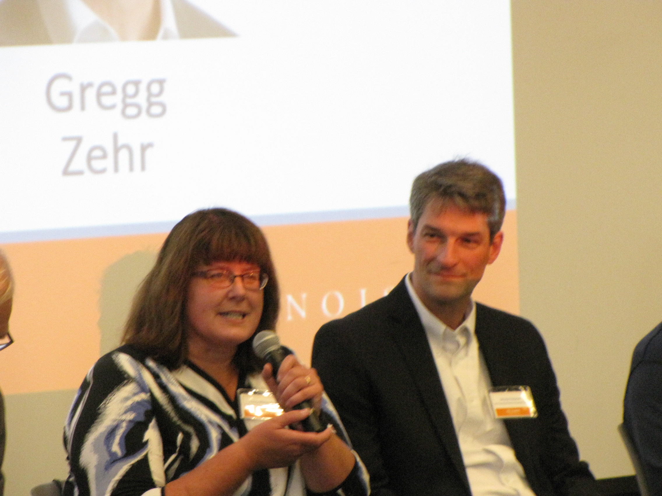 Nancy Warter-Perez and Jerome Hubacek share their experiences during the Distinguished Alumni Panel on Thursday.