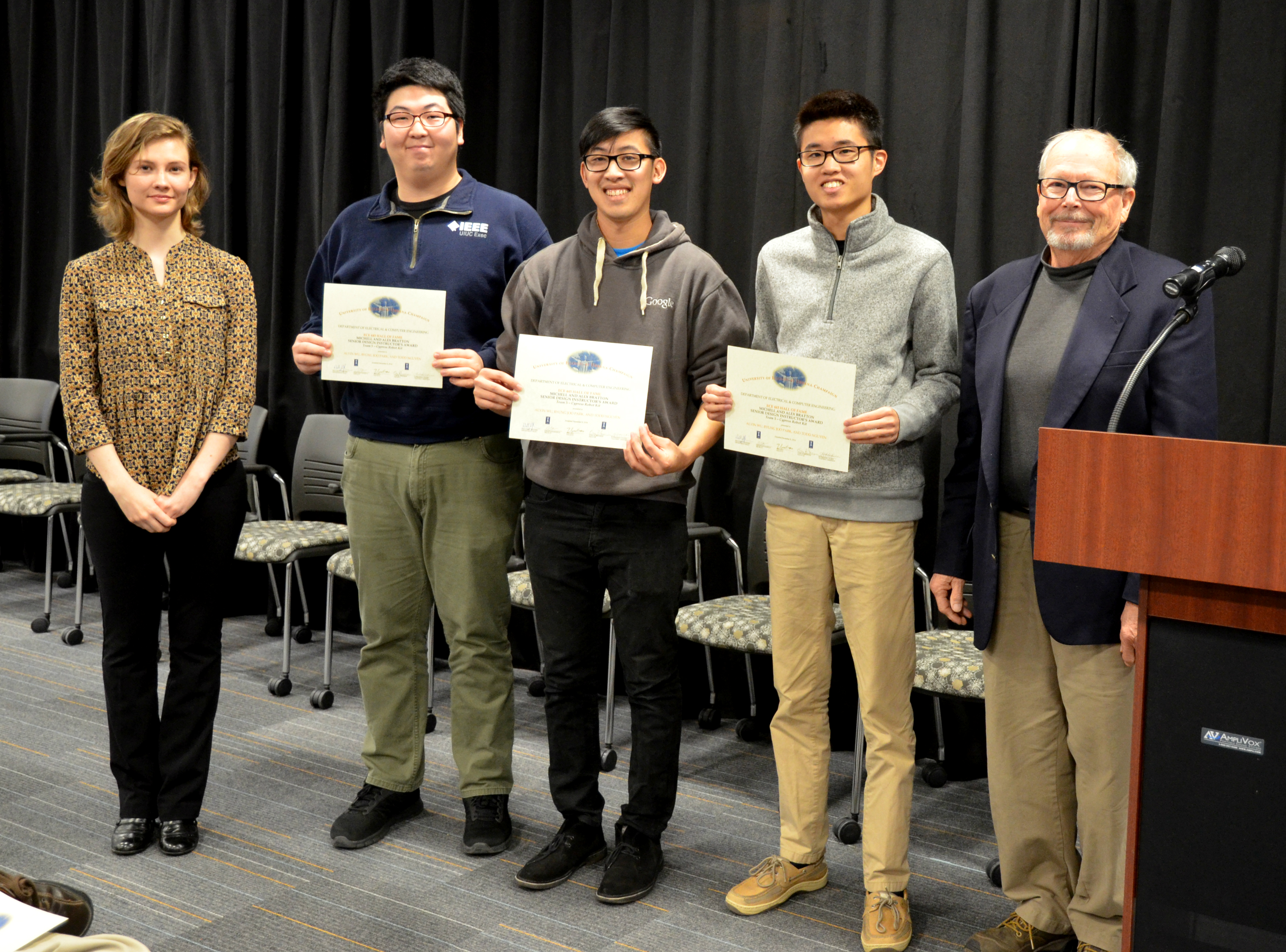 Team 5's 'Cypress Robot Kit' won the Michelle and Alex Bratton Senior Design Instructor's Award. Team members: Alvin Wu, Byung Joo Park, and Todd Nguyen. Also pictured: Katherine Kane (TA) and Professor Swenson.