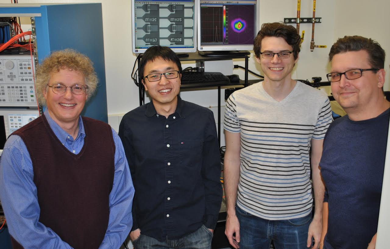 Left to right: Abel Bliss Professor of Engineering Kent Choquette, graduate students Zihe Gao and Brad Thompson, and ECE Professor Scott Carney.