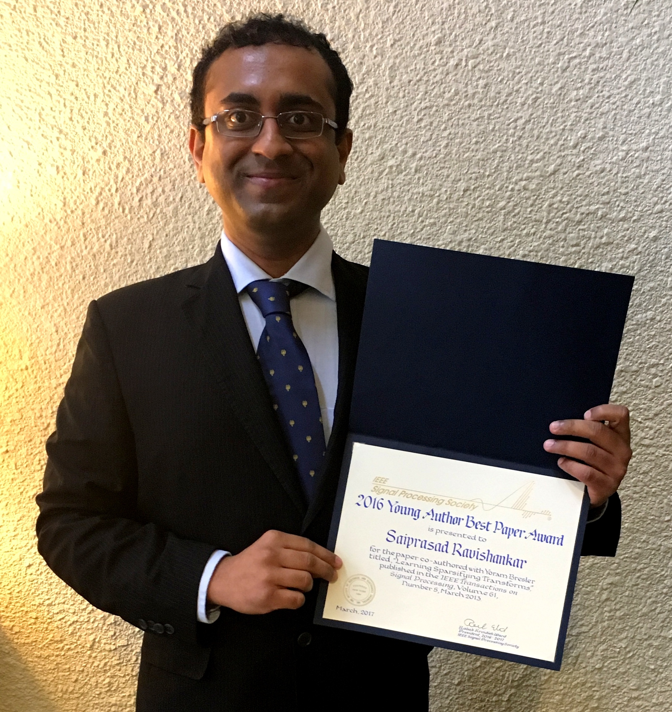 Saiprasad Ravishankar wins IEEE Signal Processing Society Young Author Best Paper Award for 2016.