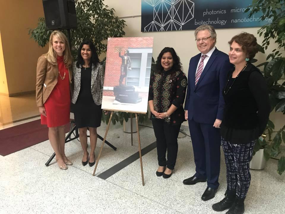 (From left to right) Angie Wolters, Associate Director of Women in Engineering at Illinois; Krunali Patel, vice president and general manager of Texas Instrument; Sakshi Srivastava, ECE ILLINOIS graduate student, Andreas Cangellaris, dean of Engineering at Illinois; and Julie Rotblatt-Amrany, Chicago-based artist.