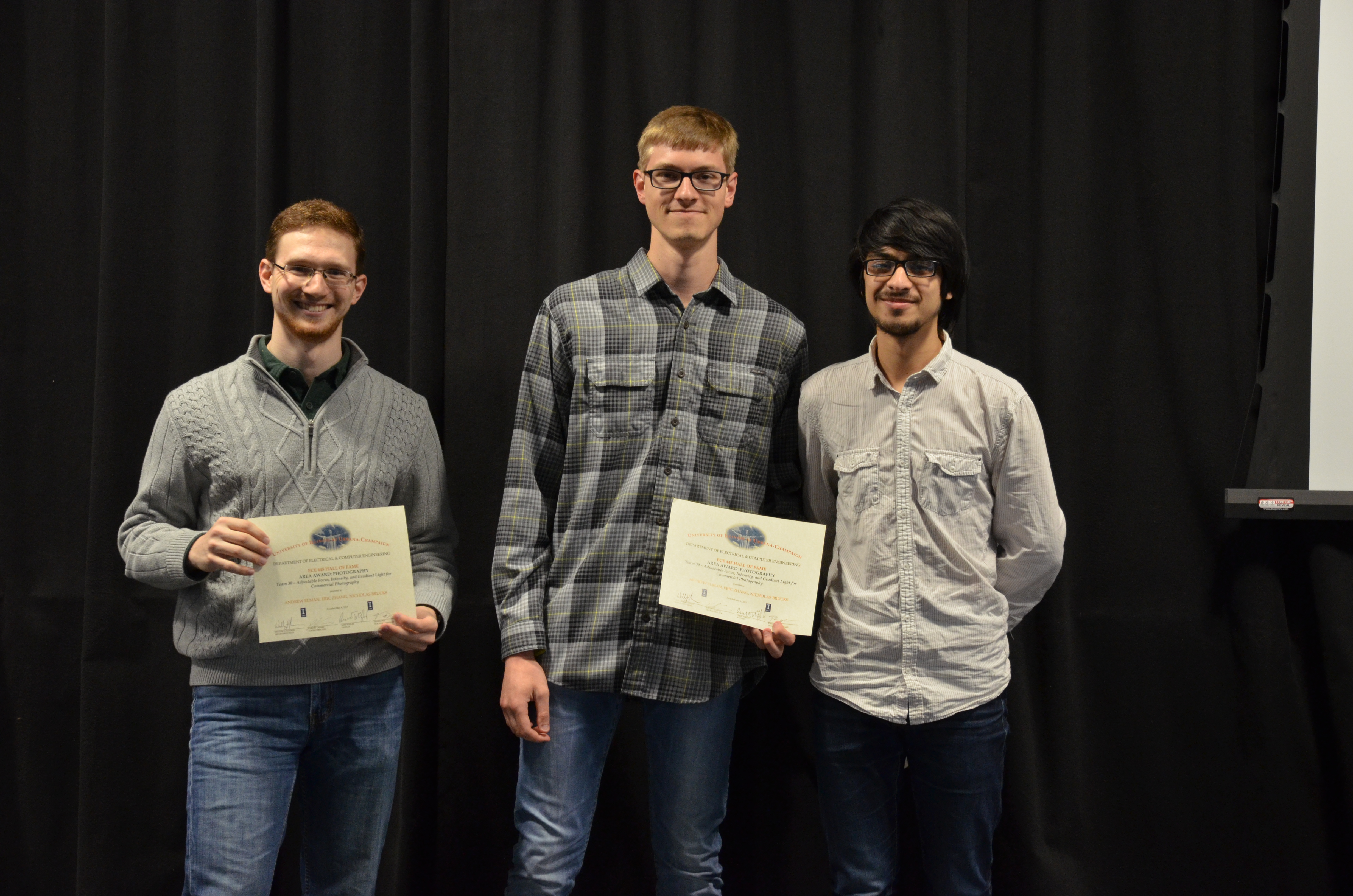 The Area Award for Photography is awarded to Andrew Elman, Eric Zhang and Nicholas Brucks for their 'Adjustable Focus, Intensity, and Gradient Light for Commercial Photography.'