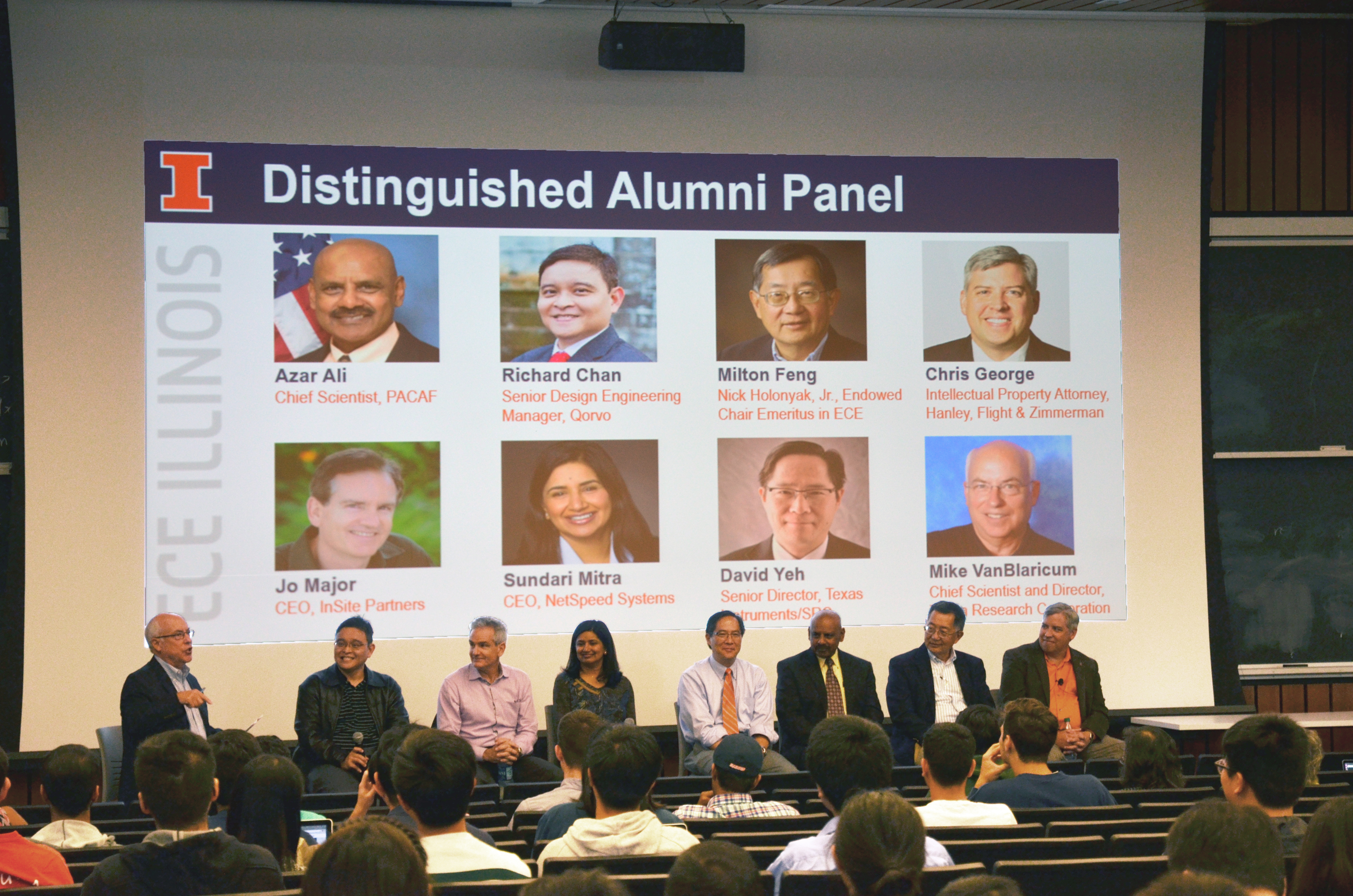 The 2017 Distinguished Alumni panel. From left to right, moderator Michael VanBlaricum, Richard T. Chan, Jo Major, Sundari Mitra, David Yeh, Azar S. Ali, Milton Feng, and Christopher George.