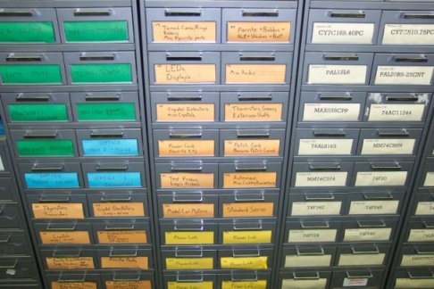 Image of the front of parts cases in the Electronics Services Shop