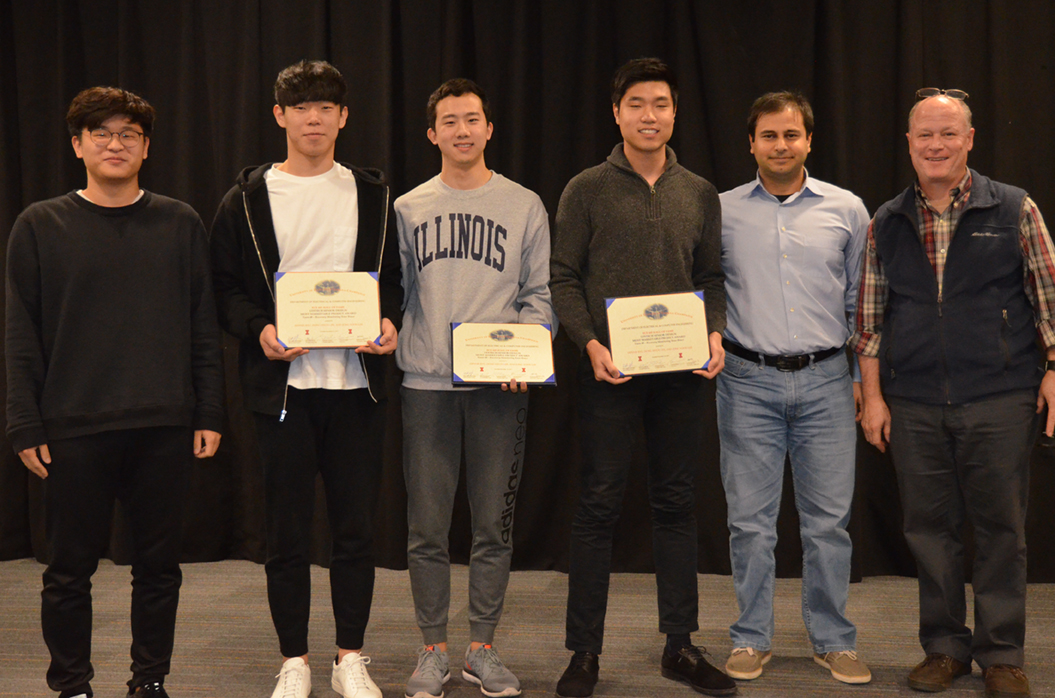 'Recovery-Monitoring Knee Brace' won The Lextech Senior Design Most Marketable Project Award. The team includes Dennis Ryu, Dong Hyun Lee, and Jong Yoon Lee, pictured with Professors Bayram and Reinhard and TA Dongwei Shi.