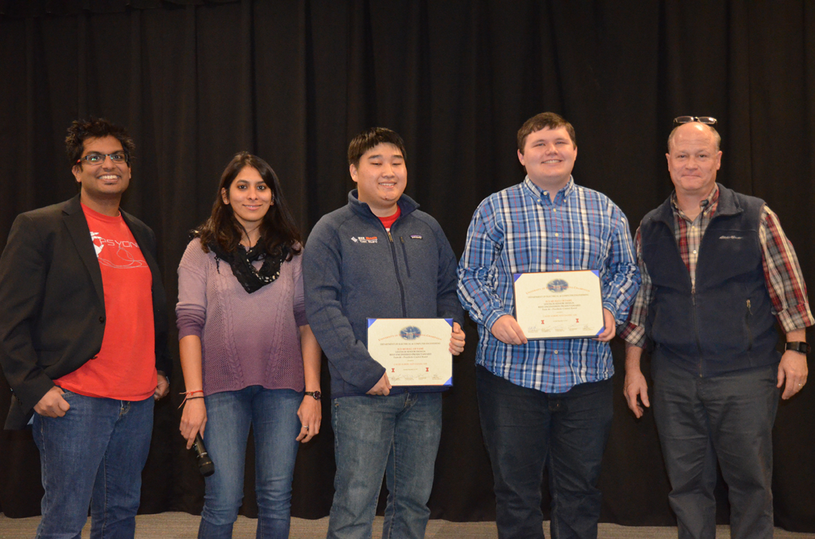 The Lextech Senior Design Best Engineered Project Award was presented to 'Prosthetic Control Board,' including team members Caleb Albers and Daniel Lee who are pictured with ECE alumnus and PSYONIC CEO Aadeel Akhtar, TA Yamuna Phal, and Professor Reinhard.