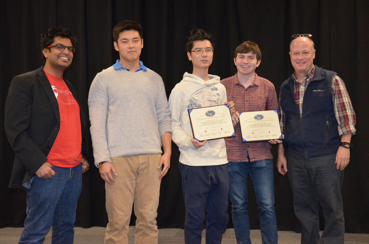 Texas Instruments' Best Use of Texas Instruments Hardware Award was awarded to 'I/O System Design for the PSYONIC Advanced Bionic Hand.' The team includes Byron Hopps and Wenjun Sun, pictured with ECE alumnus and PSYONIC CEO Aadeel Akhtar, TA Zipeng Wang, and Professor Reinhard.