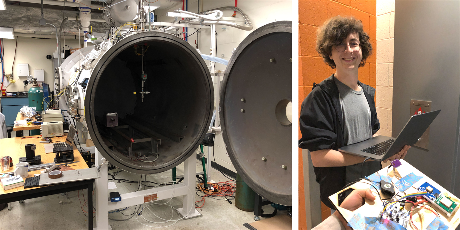 Testing the equipment in a vacuum chamber (left) and &amp;lsquo;altitude&amp;rsquo; testing in the ECE Building elevators (right)