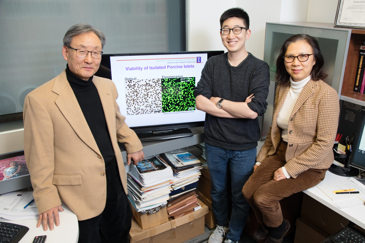 ECE ILLINOIS professor Kyekyoon 'Kevin' Kim, graduate student Benjamin Lew, and research scientist Hyungsoo Choi developed a method to make it easier to transplant pancreatic islet cells from pigs to treat type I diabetes.  Photo by L. Brian Stauffer