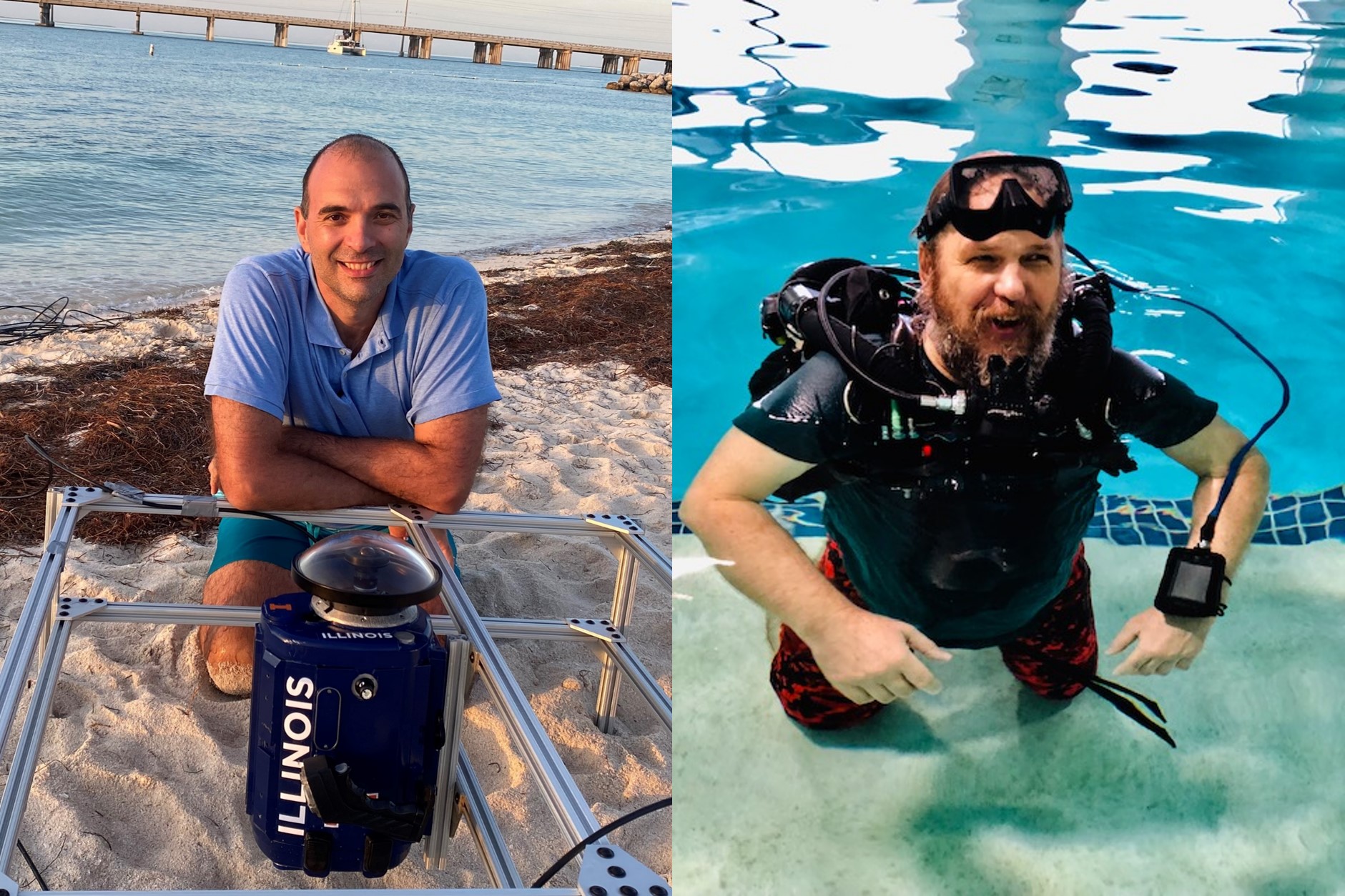 Side by side photo of two men near water