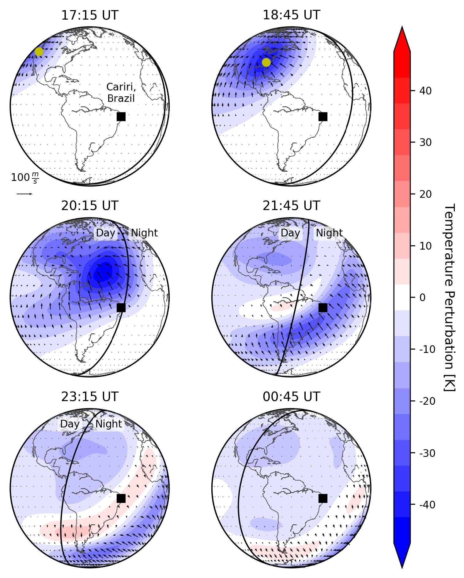 TIME-GCM predictions of eclipse-generated thermospheric wind and temperature per-
turbations (eclipse minus control) at a constant pressure level. 