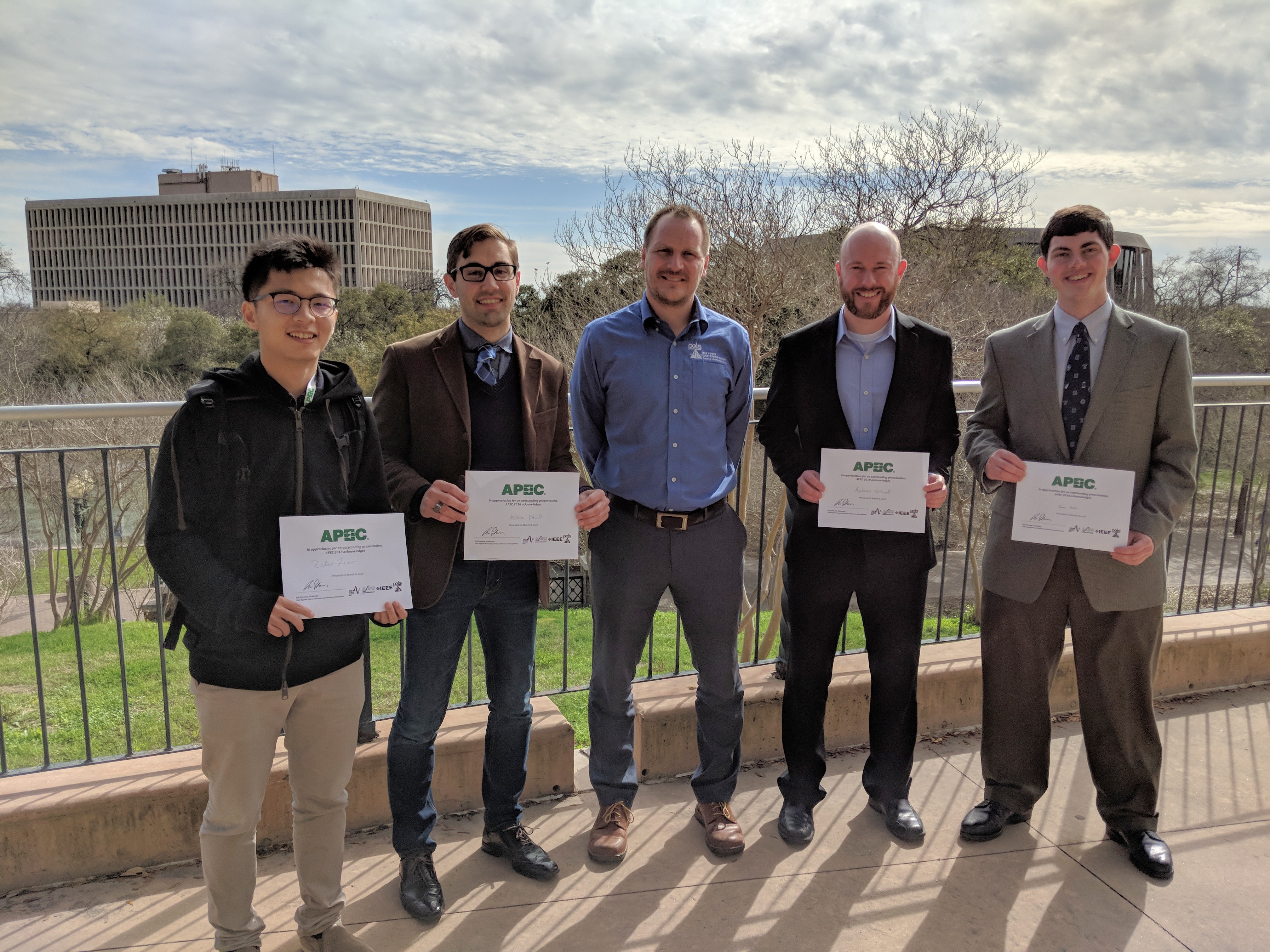 Zitao Liao, Nathan Pallo, Andrew Stillwell, and Thomas Foulkes, all ECE ILLINOIS graduate students advised by Adjunct Associate Professor Robert Pilawa-Podgurski (center), won best presentation awards at the 2018 IEEE Applied Power Electronics Conference (APEC).