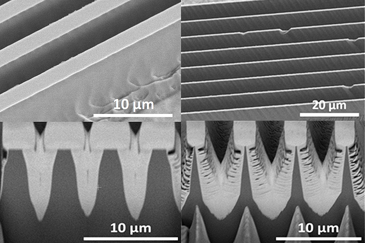 SEM cross-section images of the trapezoidal, left top and bottom, and bladelike fins produced using the MacEtch process. Image courtesy ACS Nano.