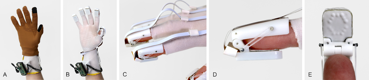 A) Complete glove. B) Glove with outer layer removed, revealing the inner haptic components. C) Closeup of fingers. D) Side view of one fingertip array. E) Fingertip array with clip opened.&amp;nbsp;(Images provided by Fluid Reality &amp;amp;&amp;nbsp;CMU.)&amp;nbsp;
