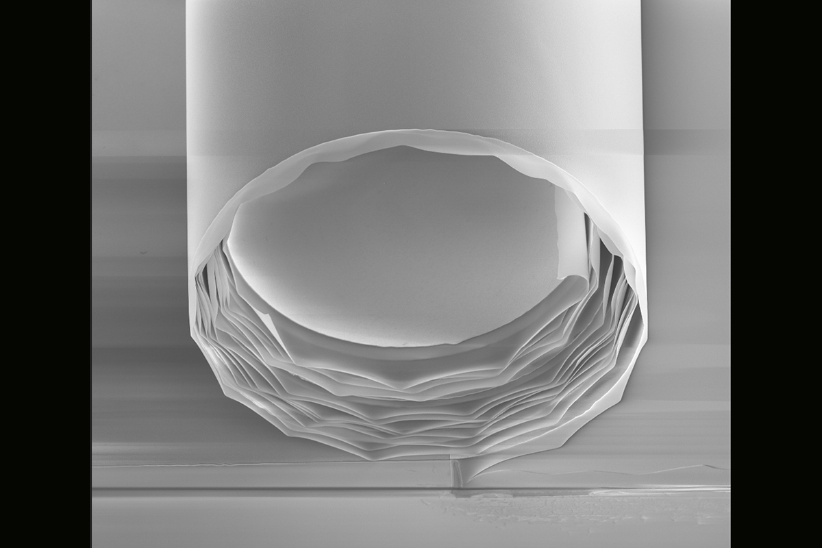 A scanning electron microscope micrograph of a rolled microinductor architecture, approximately 80 micrometers in diameter and viewed from one end looking inward. Reprinted with permission from X. Li et al., Science Advances (2020).[cr][lf][cr][lf]Courtesy Xiuling Li