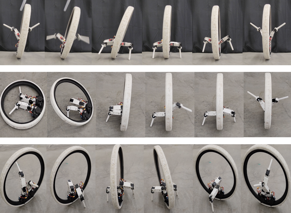 Snapshots of the implemented legged motions for Ringbot. Top: fall recovery motion; middle: standing-up motion; lower: holonomic turning motion.