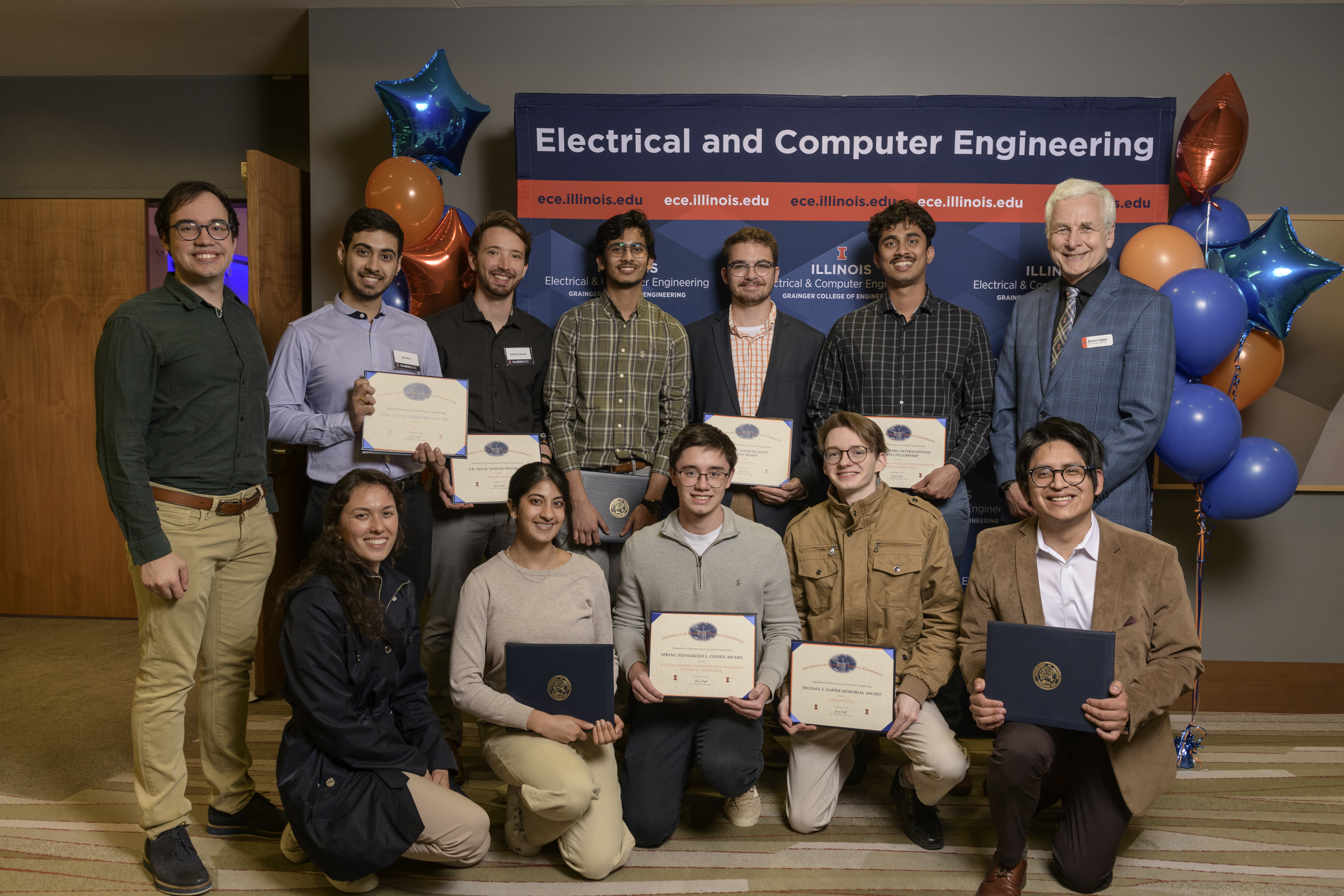 Students at the ECE Student Awards and Recognition Banquet 2024 with Department Head Bruce Hajek (top right)