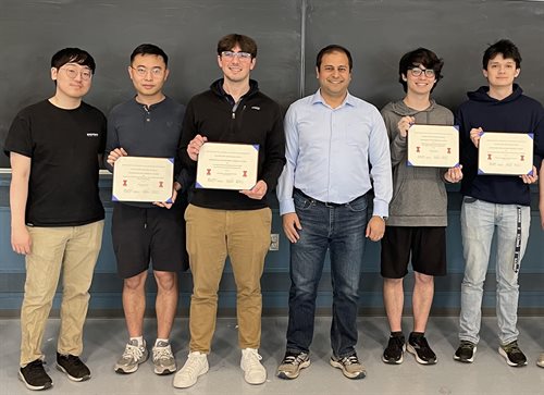 From left to right: ECE 443 Teaching Assistant Jaekwon Lee; Ming-Yan Hsiao; Matthew Pianfetti; Professor Can Bayram; Matthew Wang and Dorian Tricaud.